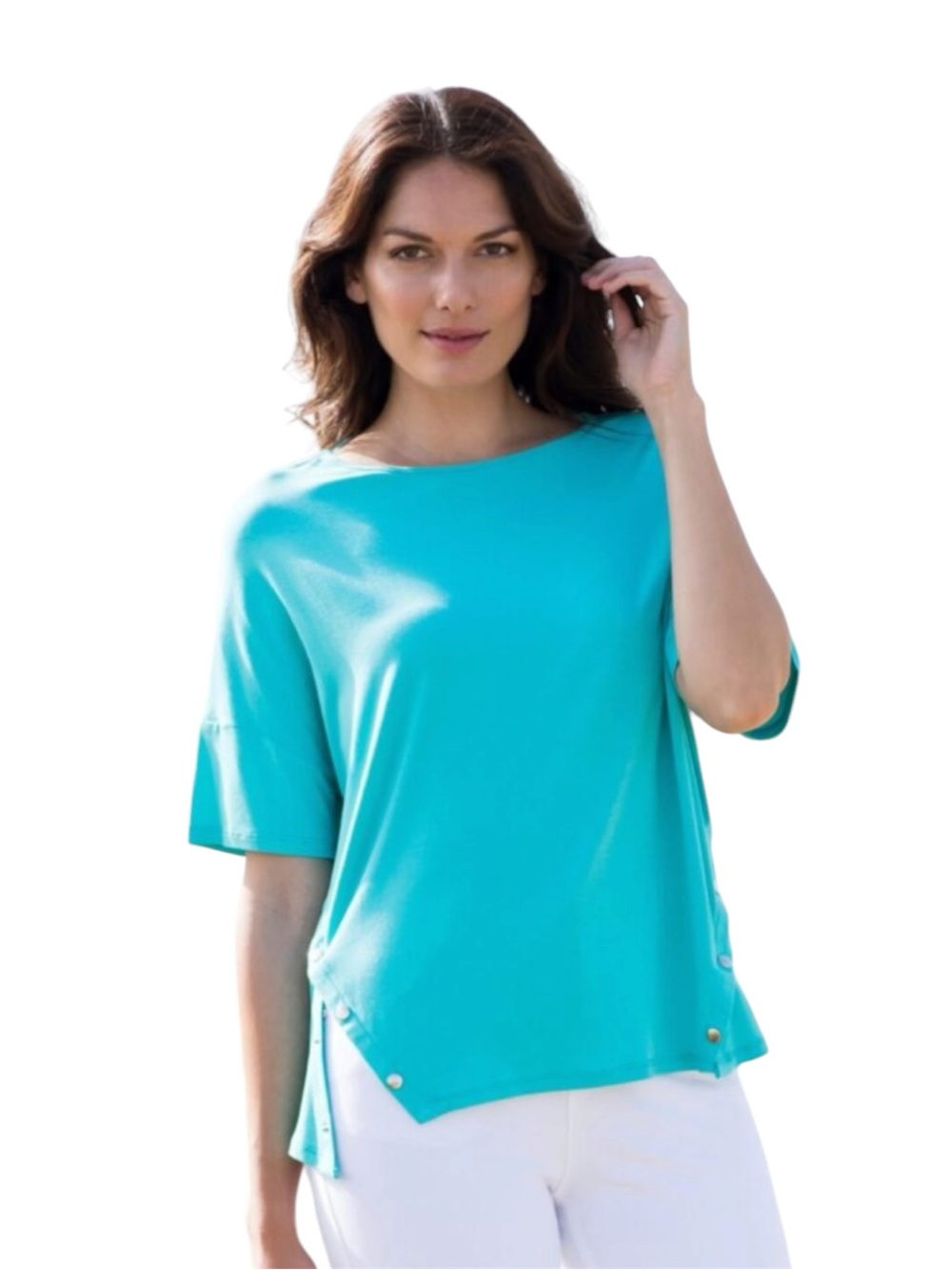 Roaman's Turquoise Short-Sleeve Boatneck Top with Side Snap Accents